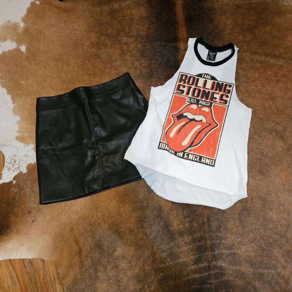 H&M Black Leather Skirt Rolling Stones Band Tshirt Med 10 70s 80s Festival